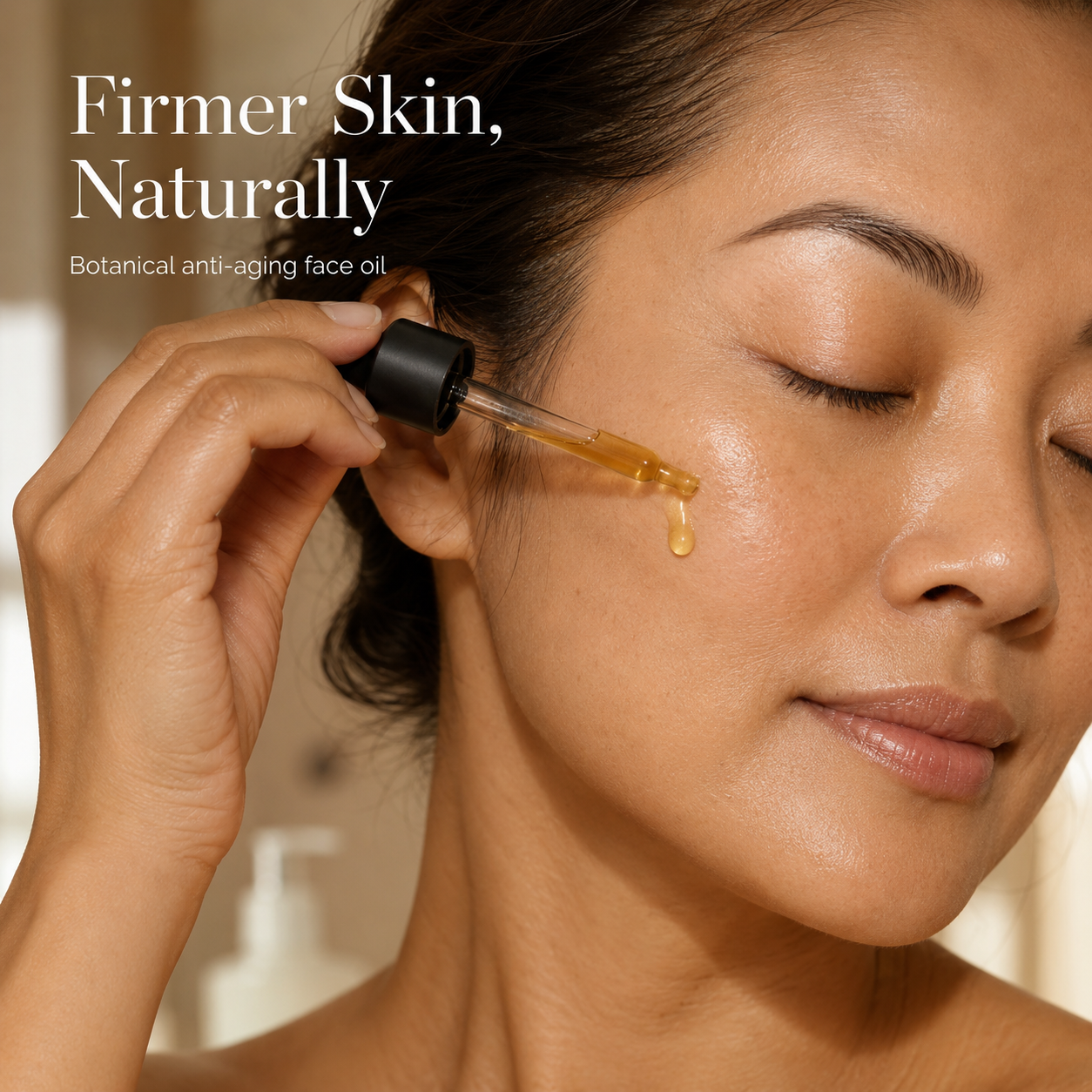 Applying Olyia Anti-Aging Face Oil with a dropper