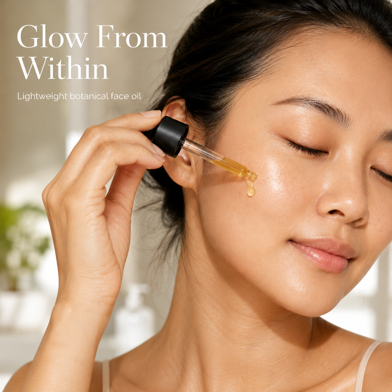Applying Olyia Radiant Glow Face Oil with a dropper